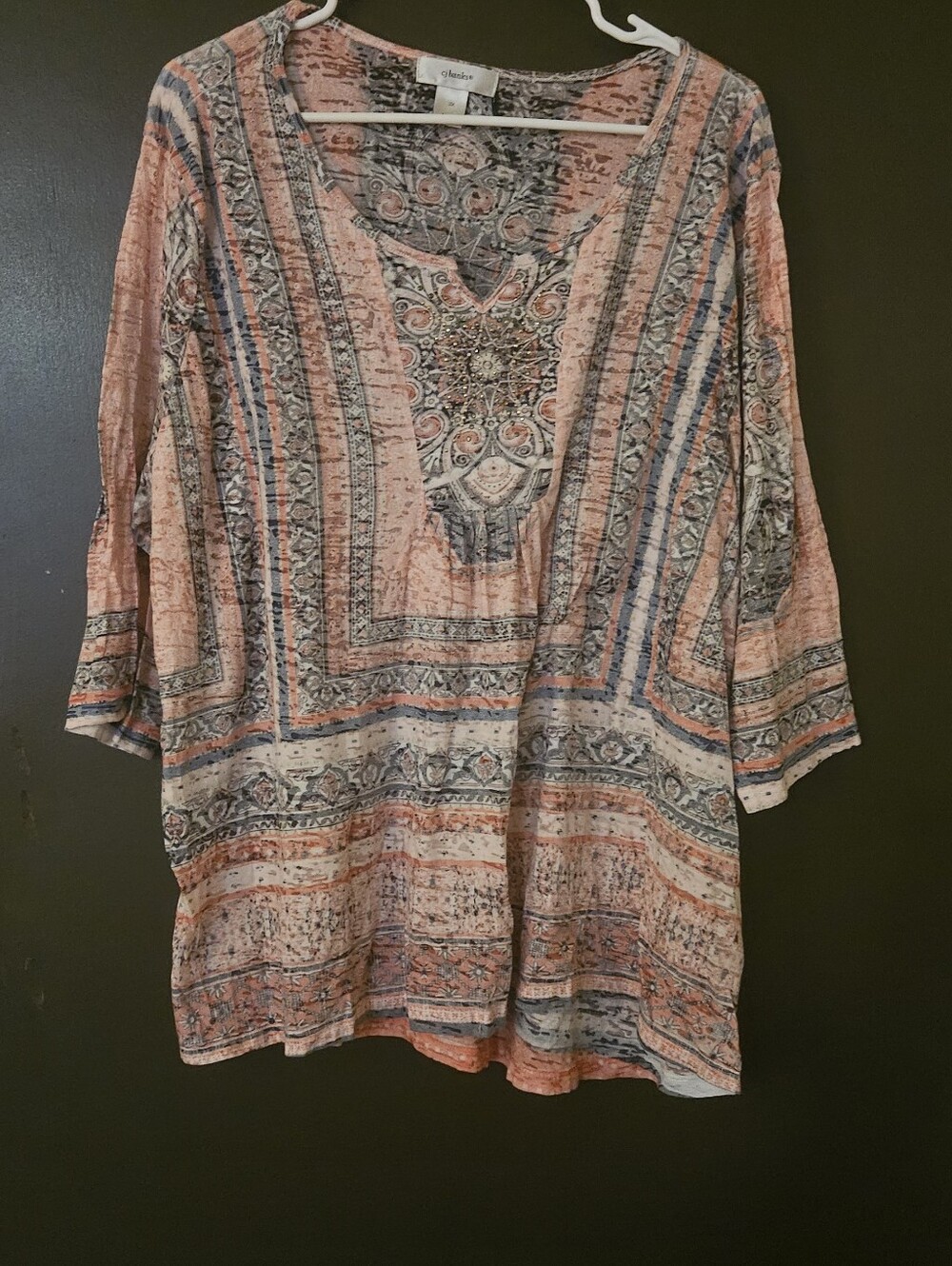 CJ Banks Peach Blue Multi-Print V-Neck Tunic
